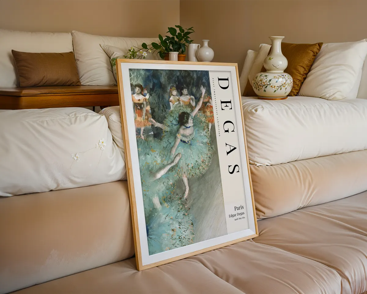 Third impressionist style ballet poster of a dancer preparing backstage in soft warm tones, completing a Degas style triptych. — photo 6