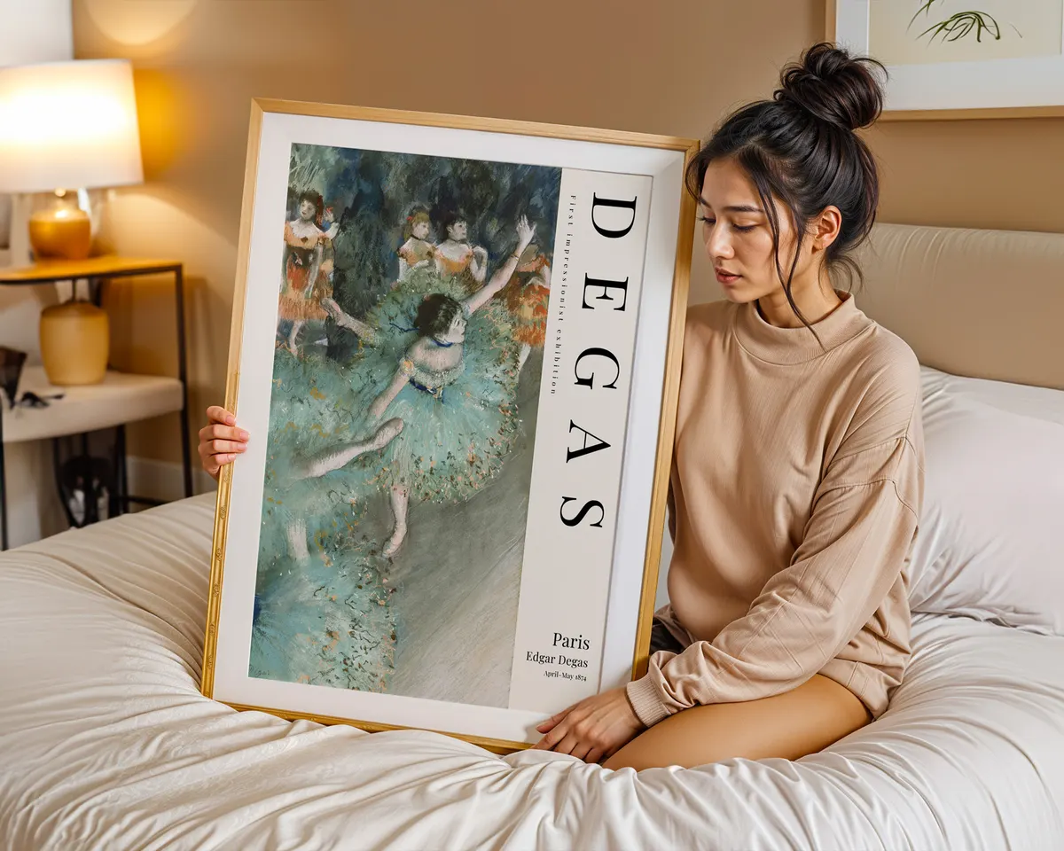 Third impressionist style ballet poster of a dancer preparing backstage in soft warm tones, completing a Degas style triptych. — photo 7