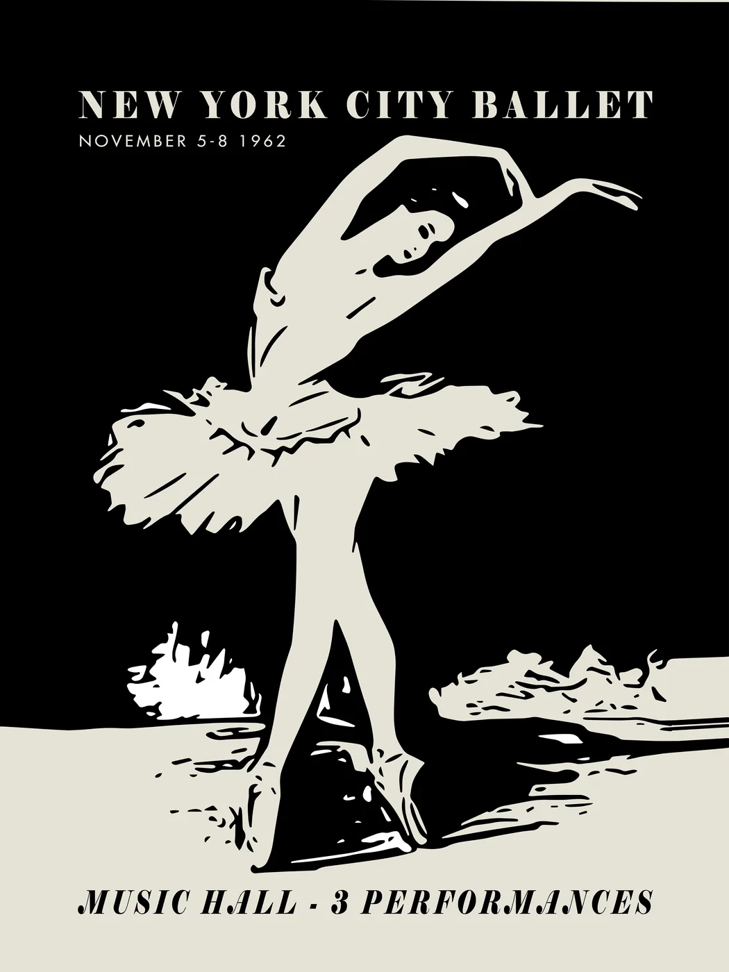 Vintage 1962 New York ballet poster with a bold black and cream dancer silhouette in mid-century graphic style.