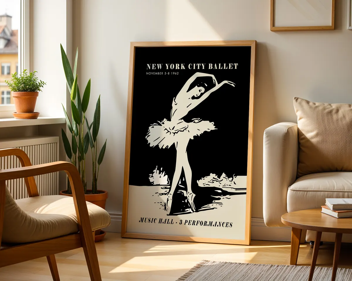 Vintage 1962 New York ballet poster with a bold black and cream dancer silhouette in mid-century graphic style. — photo 2
