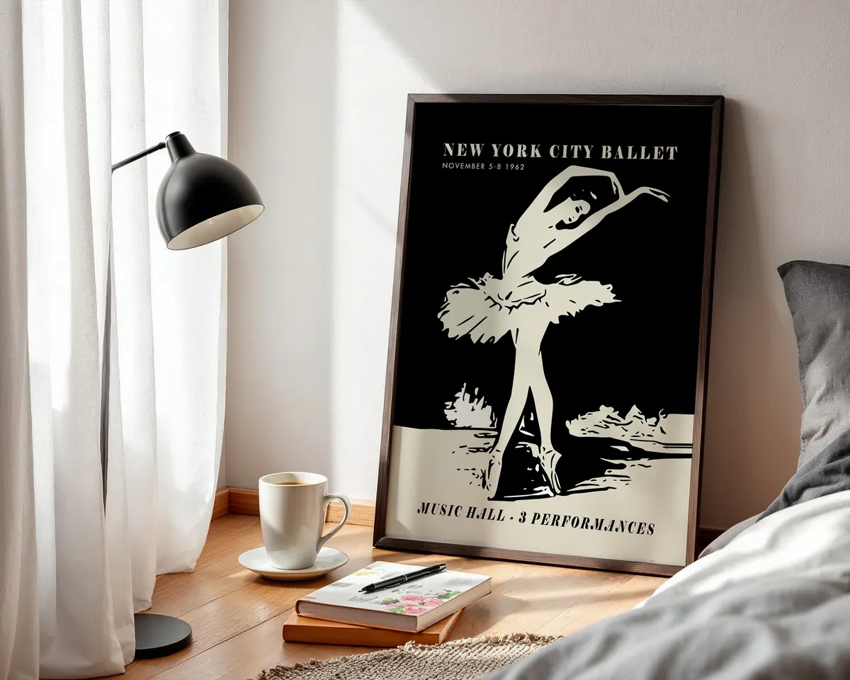 Vintage 1962 New York ballet poster with a bold black and cream dancer silhouette in mid-century graphic style. — photo 3