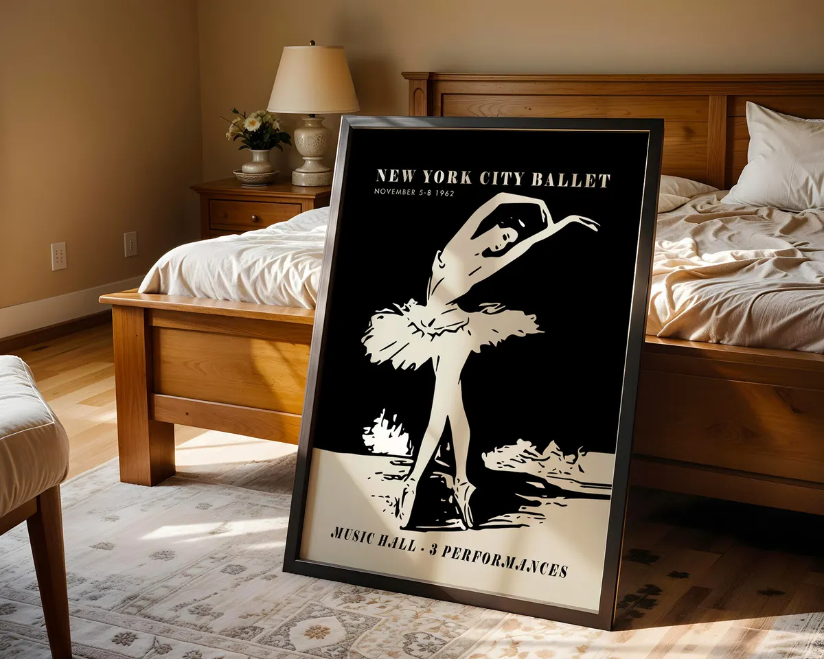 Vintage 1962 New York ballet poster with a bold black and cream dancer silhouette in mid-century graphic style. — photo 4
