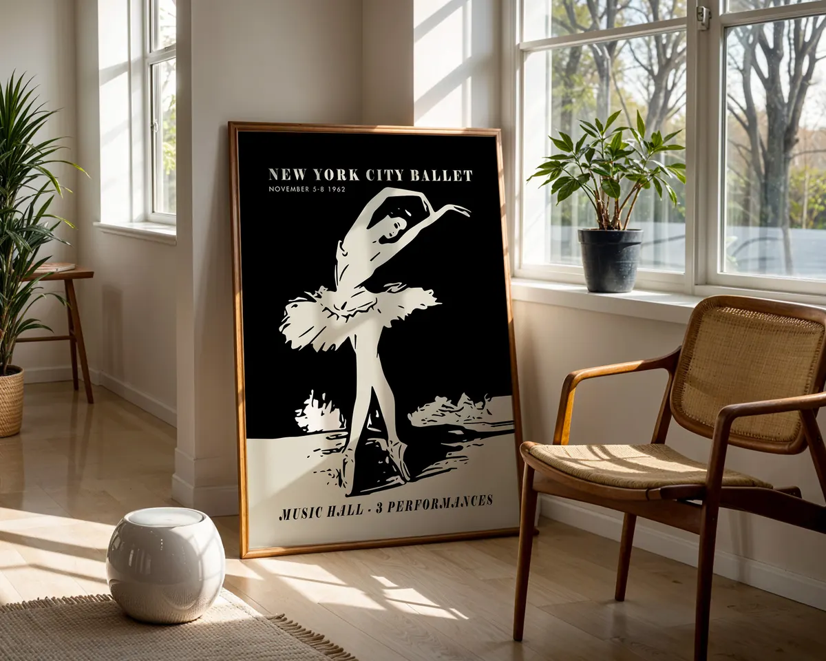 Vintage 1962 New York ballet poster with a bold black and cream dancer silhouette in mid-century graphic style. — photo 5