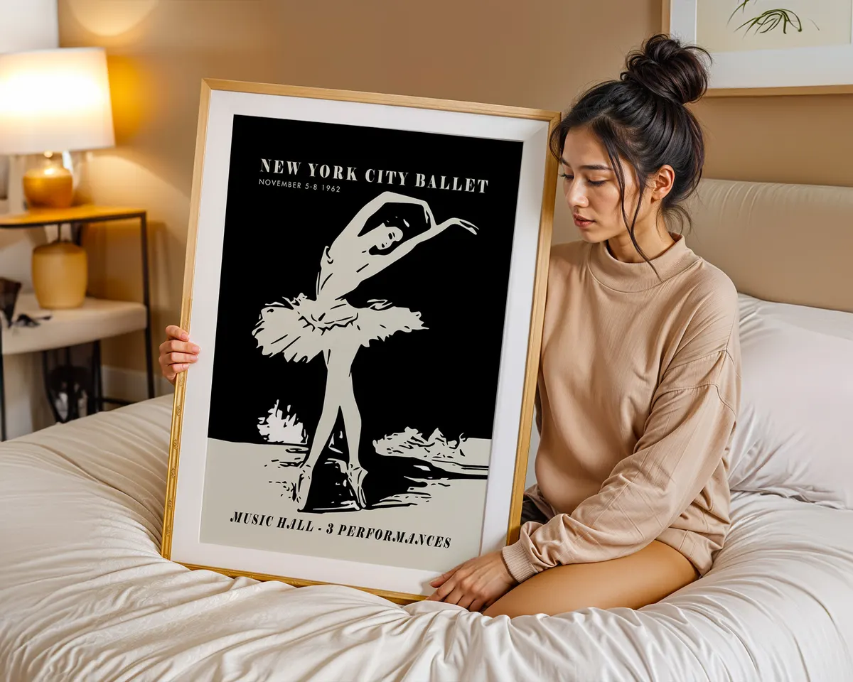 Vintage 1962 New York ballet poster with a bold black and cream dancer silhouette in mid-century graphic style. — photo 7