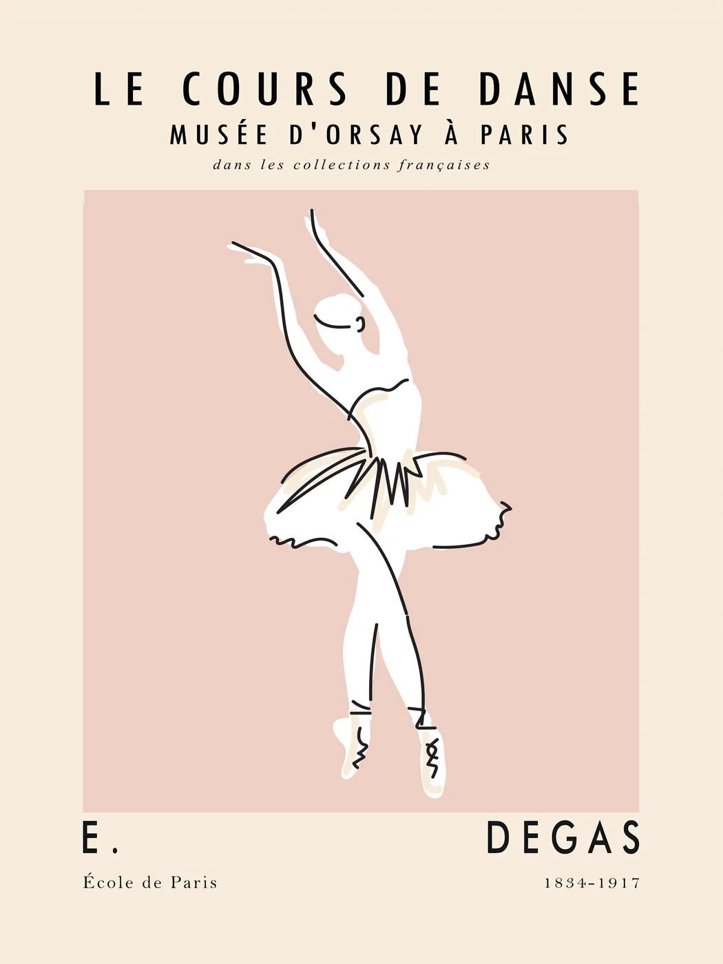Minimalist line art poster of a Degas style ballet class in soft blush pink and cream tones.