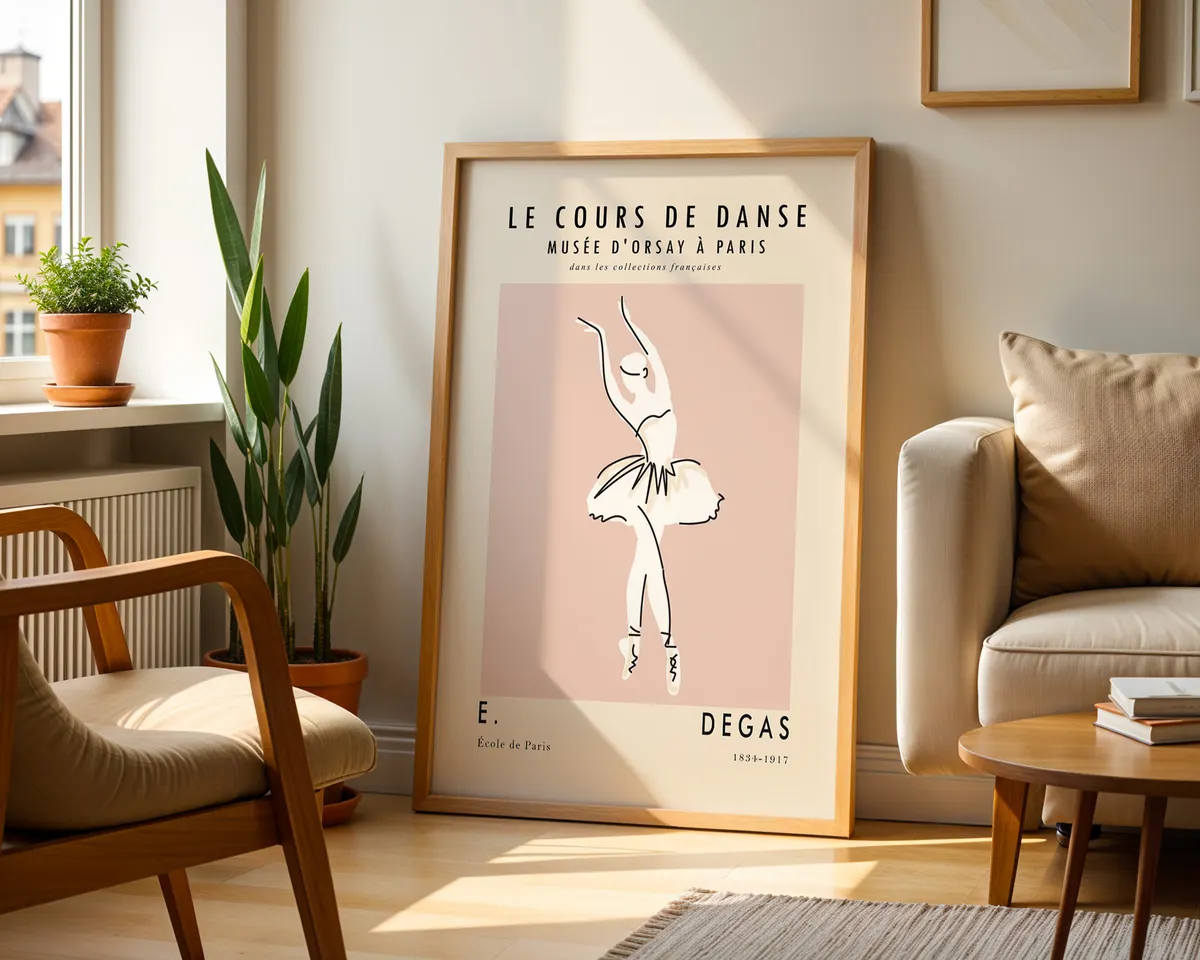 Minimalist line art poster of a Degas style ballet class in soft blush pink and cream tones. — photo 2