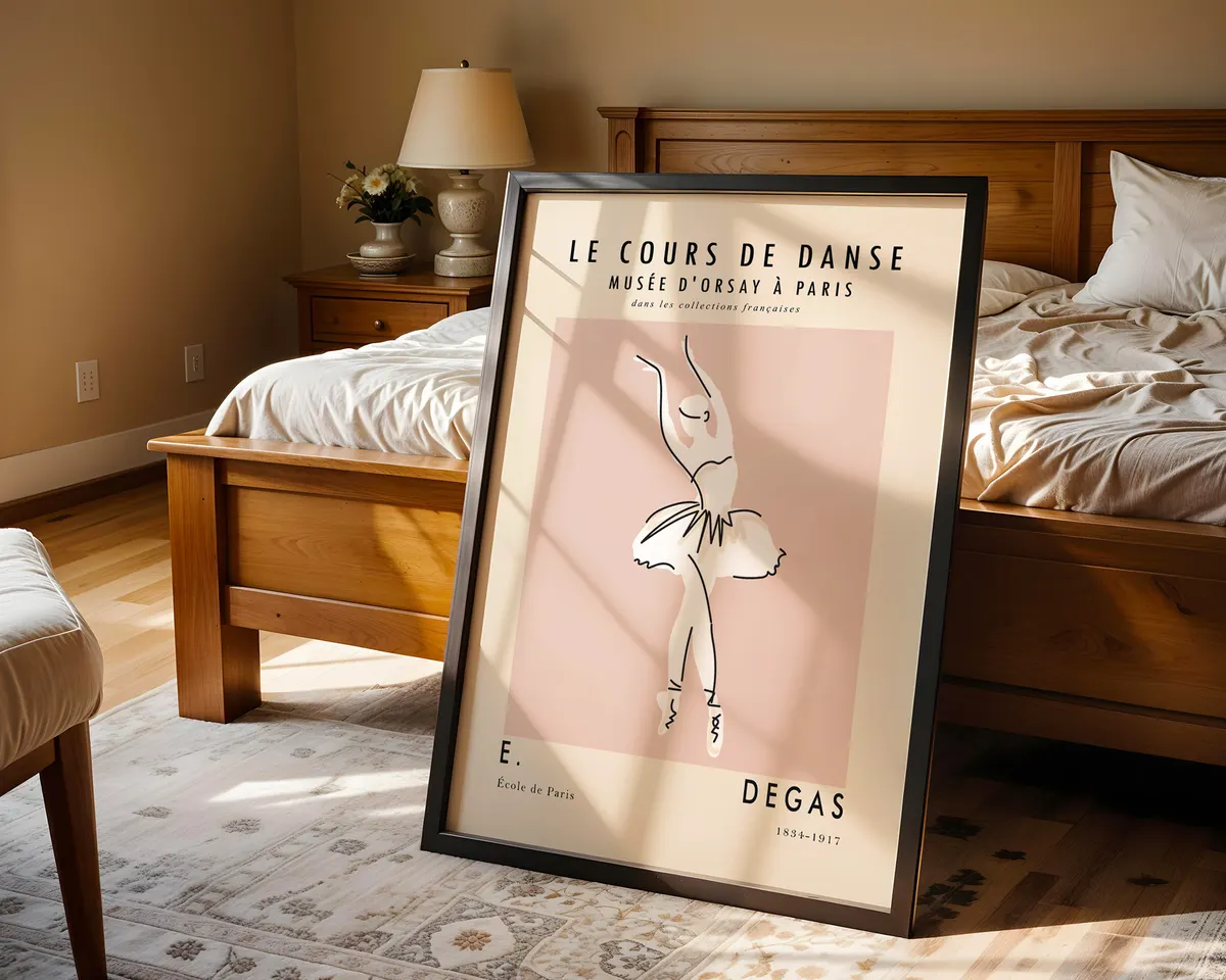 Minimalist line art poster of a Degas style ballet class in soft blush pink and cream tones. — photo 4