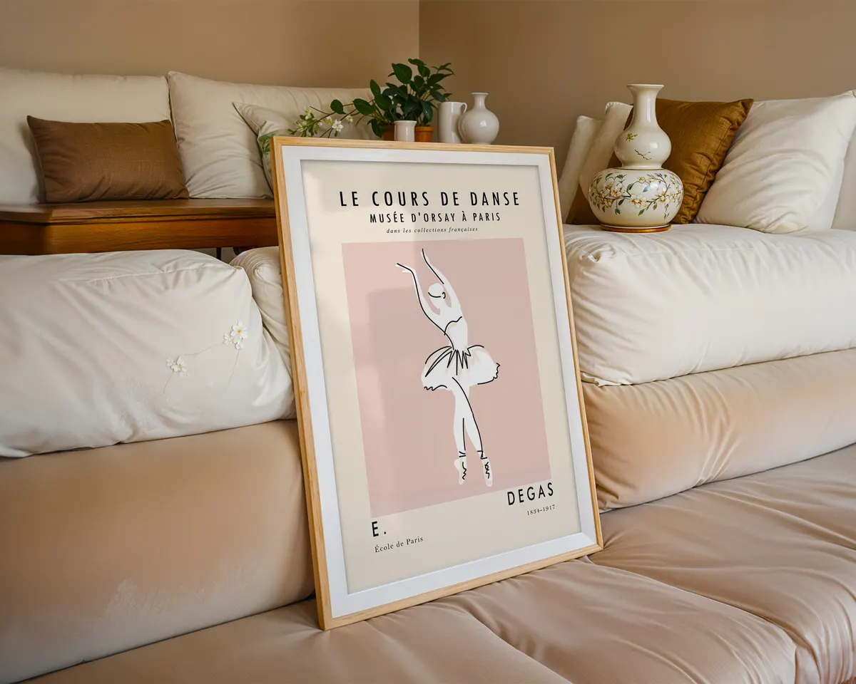 Minimalist line art poster of a Degas style ballet class in soft blush pink and cream tones. — photo 6