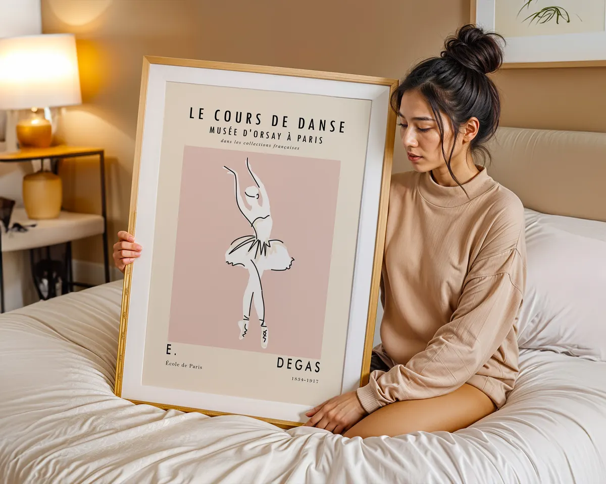 Minimalist line art poster of a Degas style ballet class in soft blush pink and cream tones. — photo 7