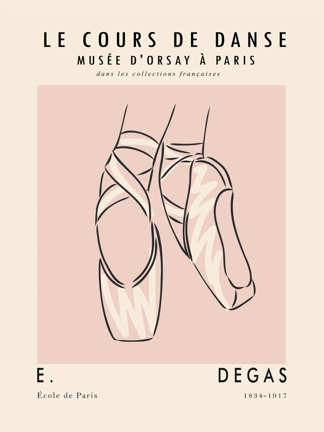 Minimalist line art poster of ballet pointe shoes in soft blush pink and cream tones.