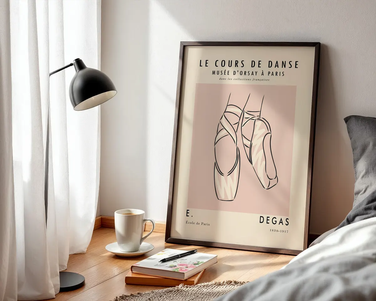 Minimalist line art poster of ballet pointe shoes in soft blush pink and cream tones. — photo 3