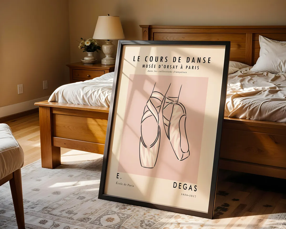 Minimalist line art poster of ballet pointe shoes in soft blush pink and cream tones. — photo 4