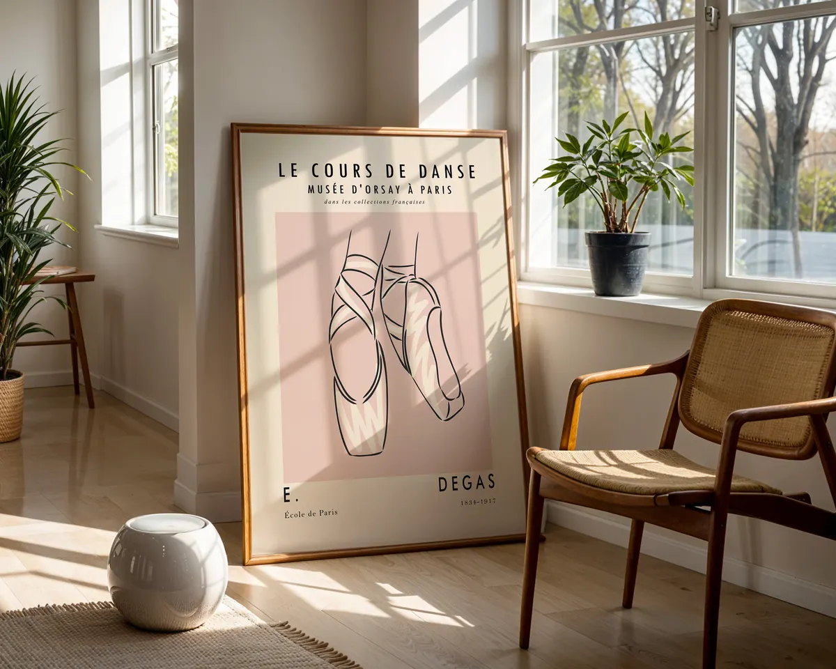 Minimalist line art poster of ballet pointe shoes in soft blush pink and cream tones. — photo 5