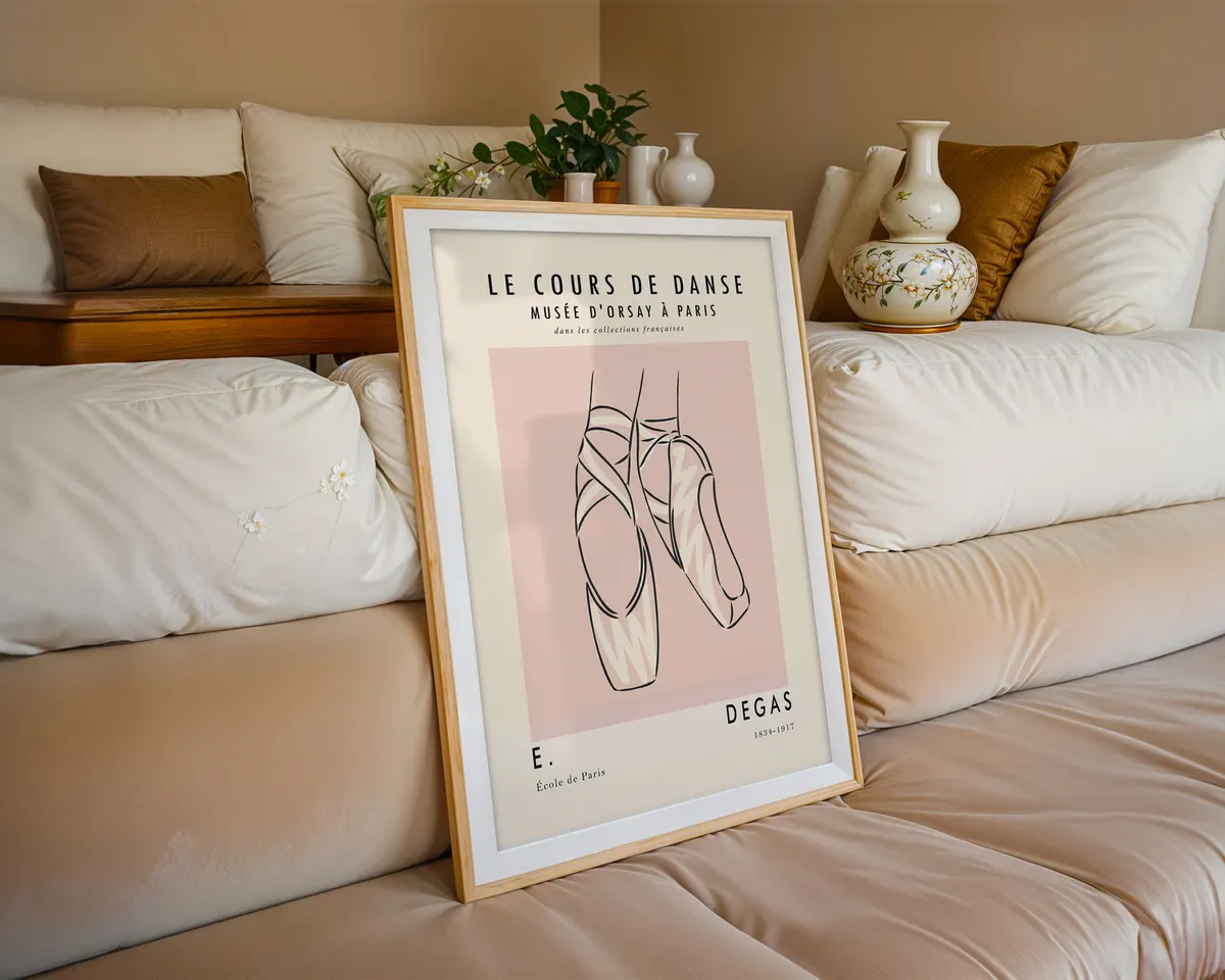 Minimalist line art poster of ballet pointe shoes in soft blush pink and cream tones. — photo 6