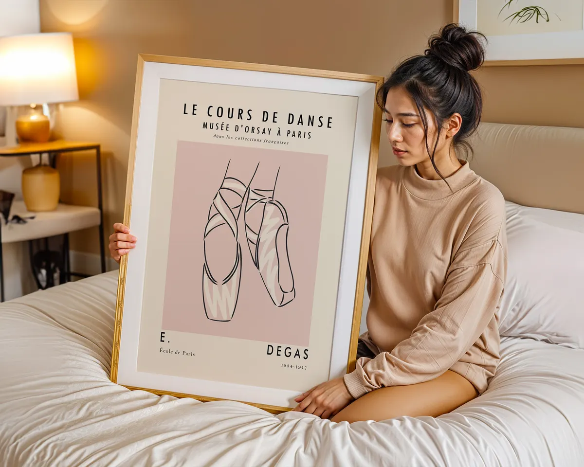 Minimalist line art poster of ballet pointe shoes in soft blush pink and cream tones. — photo 7