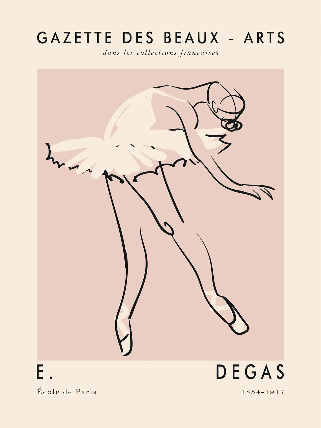 Minimalist line art poster of a ballet dancer leaning into a pose in soft blush pink and cream.