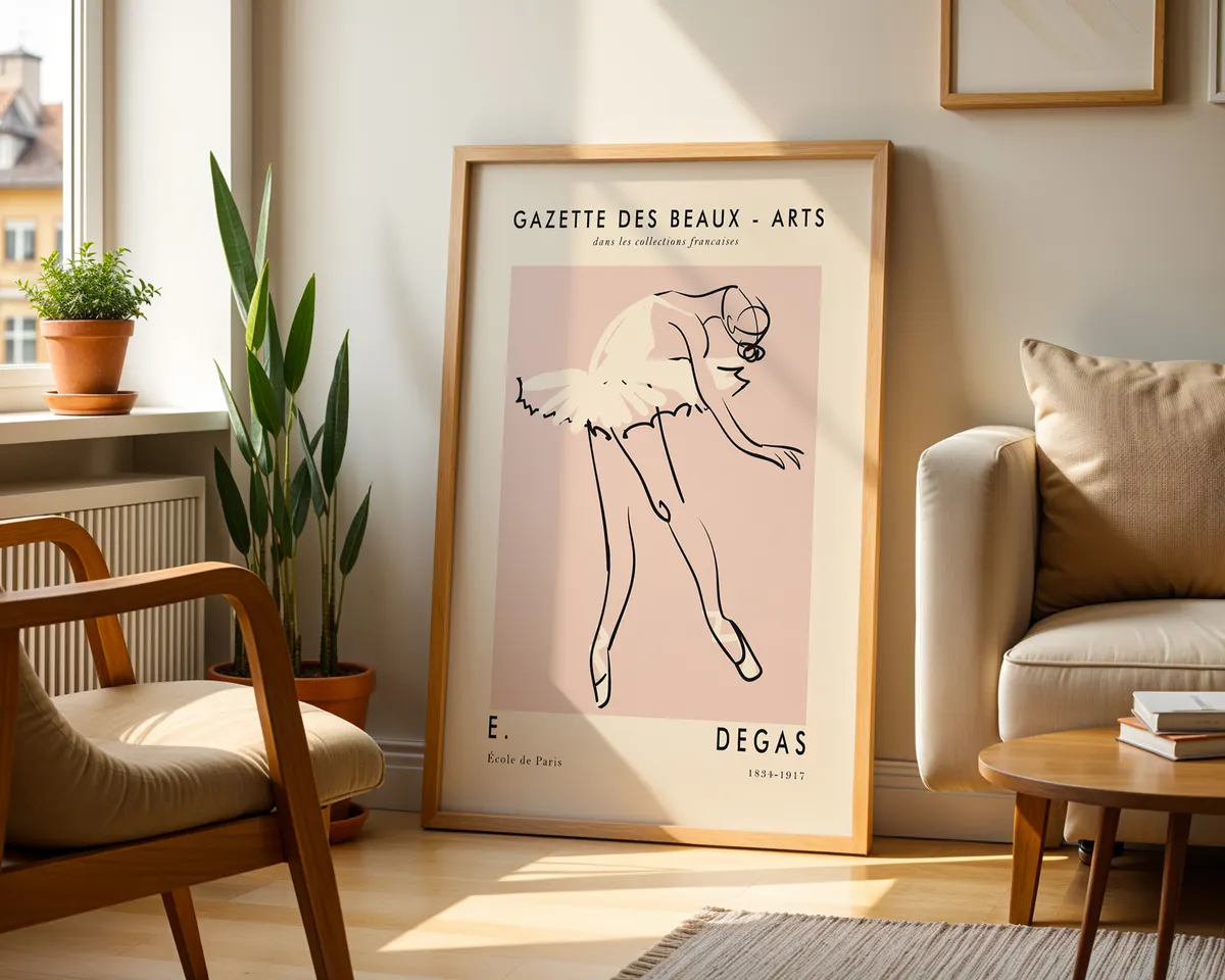 Minimalist line art poster of a ballet dancer leaning into a pose in soft blush pink and cream. — photo 2
