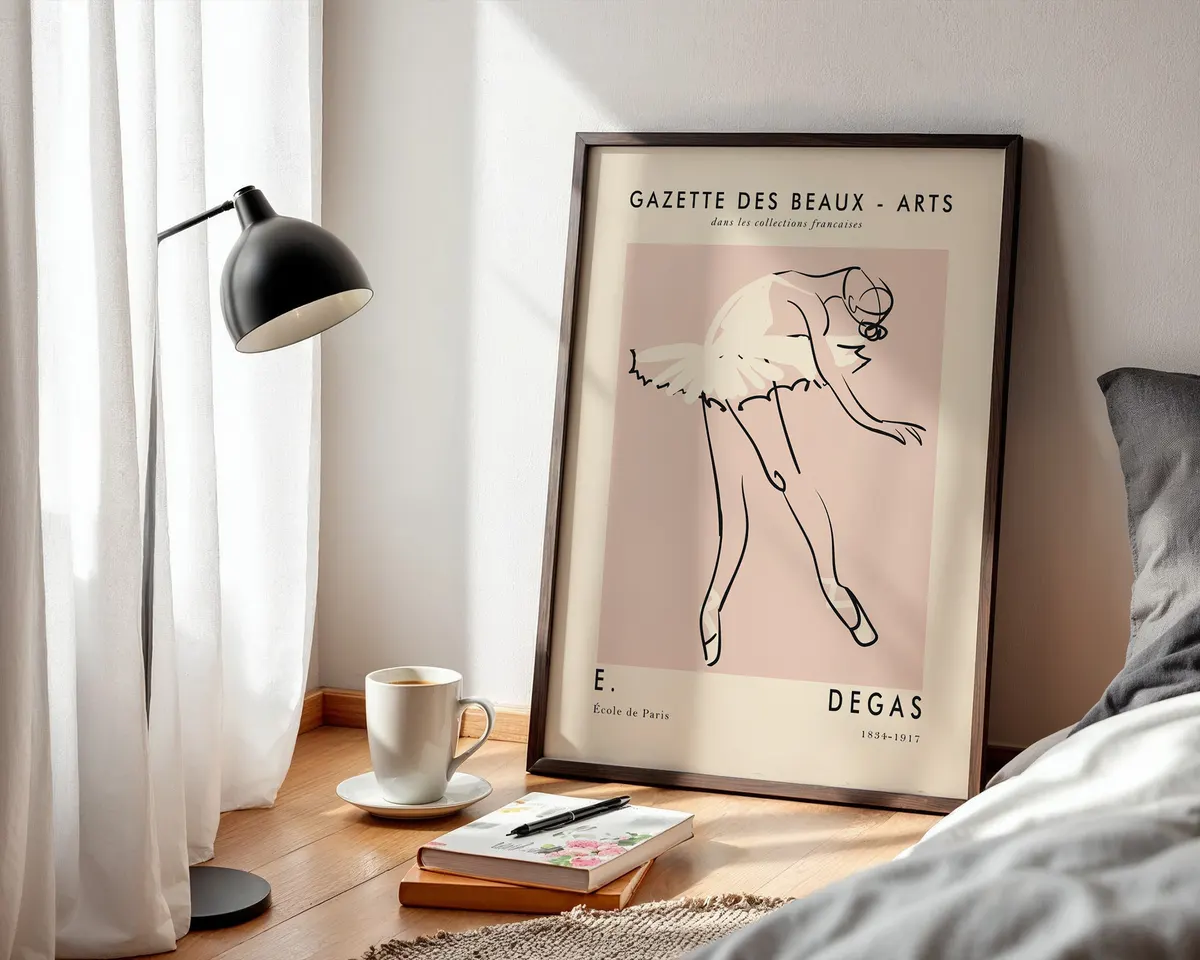 Minimalist line art poster of a ballet dancer leaning into a pose in soft blush pink and cream. — photo 3