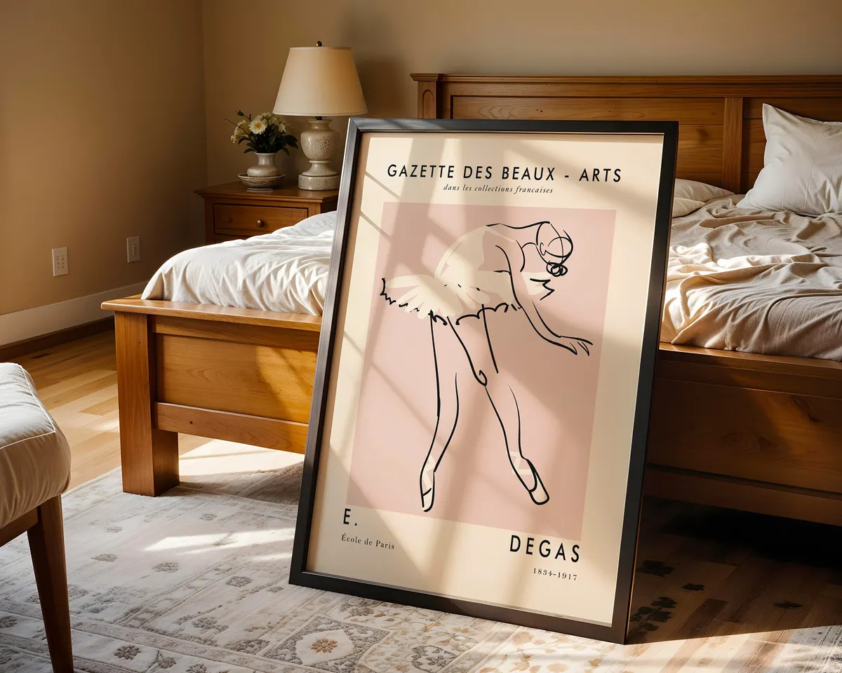 Minimalist line art poster of a ballet dancer leaning into a pose in soft blush pink and cream. — photo 4