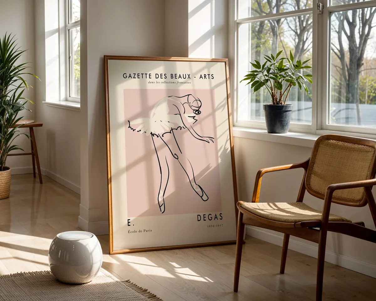 Minimalist line art poster of a ballet dancer leaning into a pose in soft blush pink and cream. — photo 5
