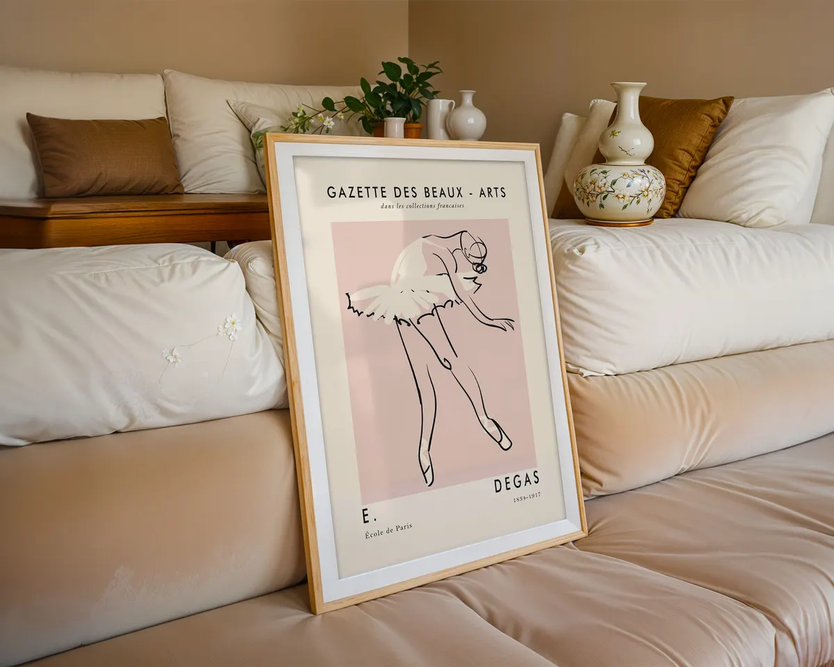 Minimalist line art poster of a ballet dancer leaning into a pose in soft blush pink and cream. — photo 6