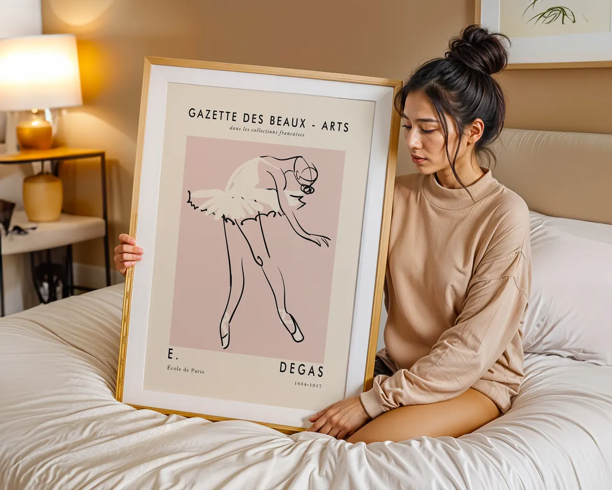 Minimalist line art poster of a ballet dancer leaning into a pose in soft blush pink and cream. — photo 7