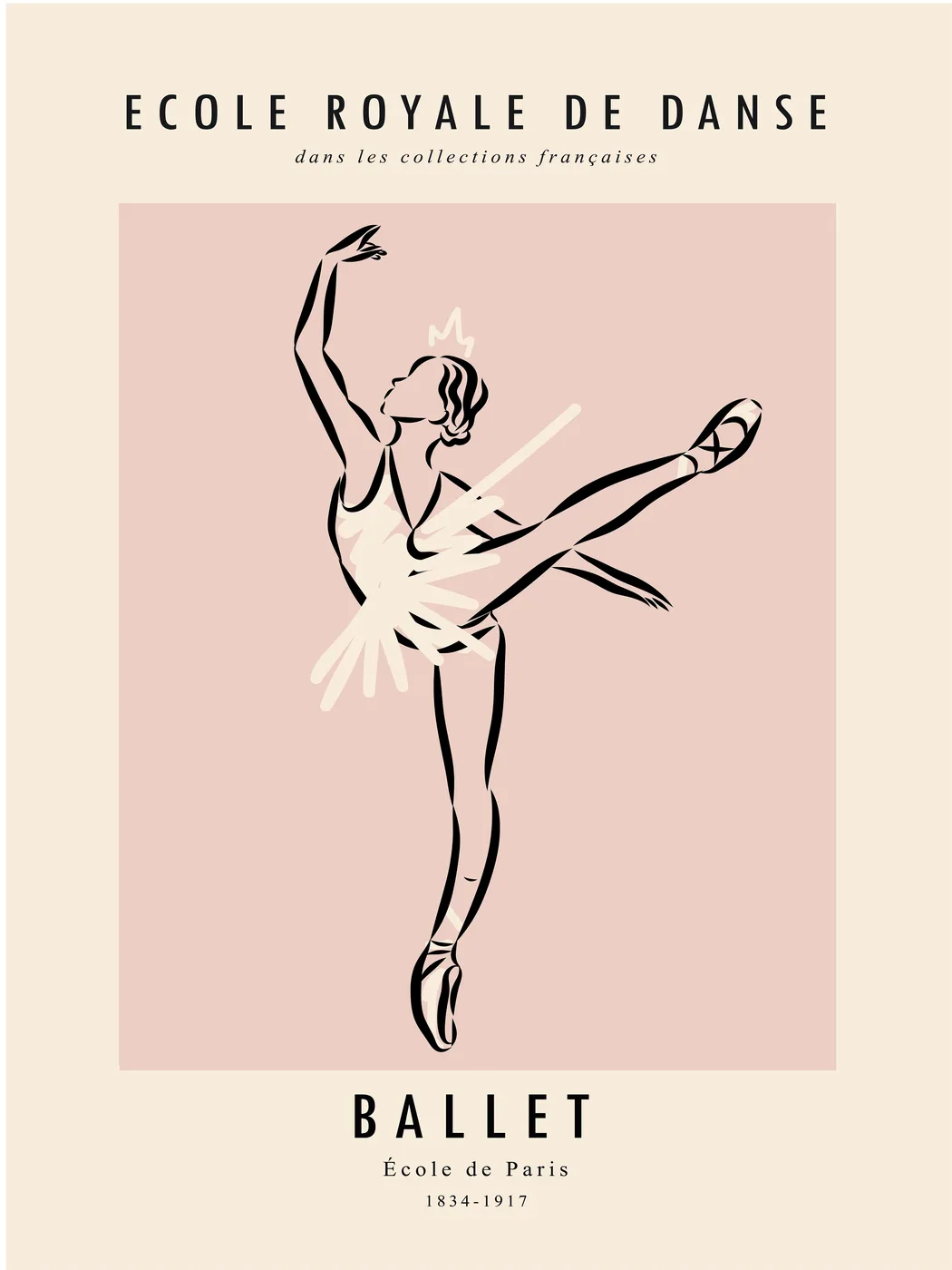 Minimalist line art poster of a ballerina in arabesque in soft blush pink and cream tones.