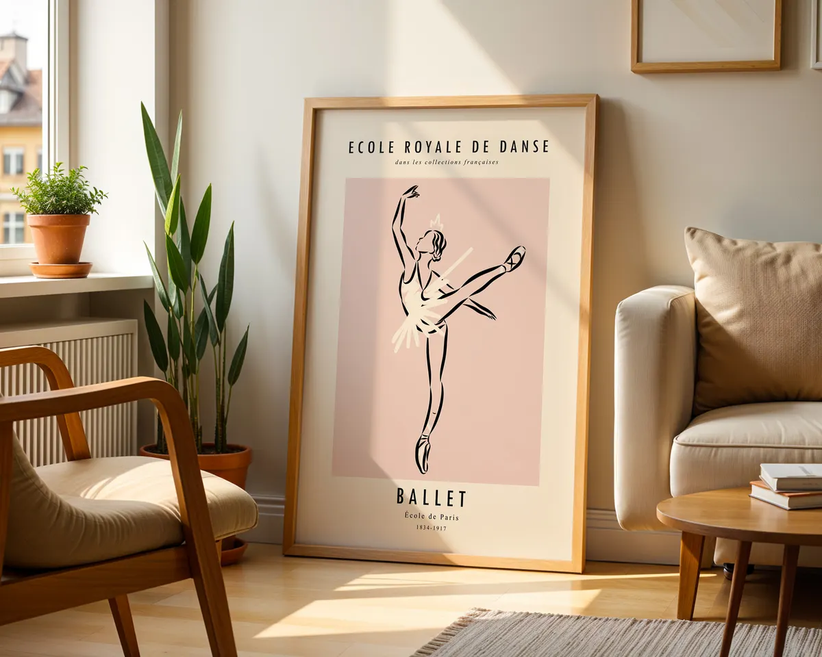 Minimalist line art poster of a ballerina in arabesque in soft blush pink and cream tones. — photo 2