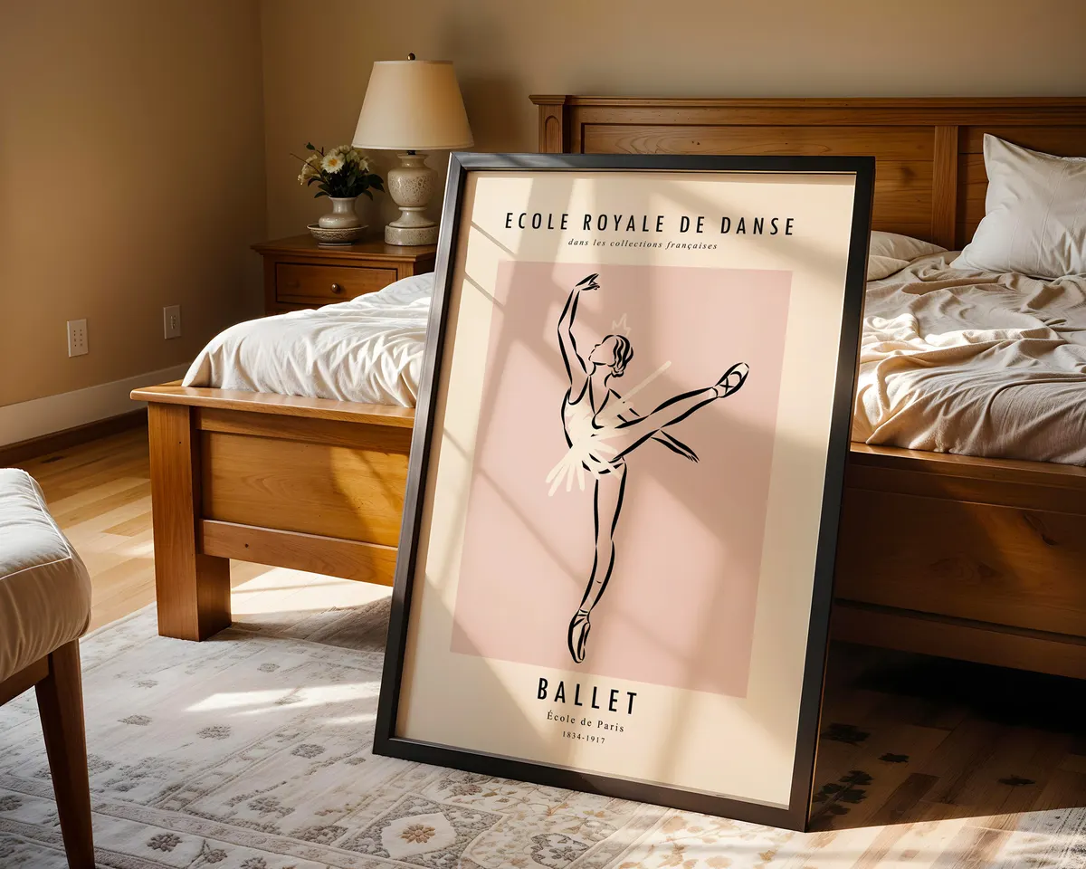 Minimalist line art poster of a ballerina in arabesque in soft blush pink and cream tones. — photo 4
