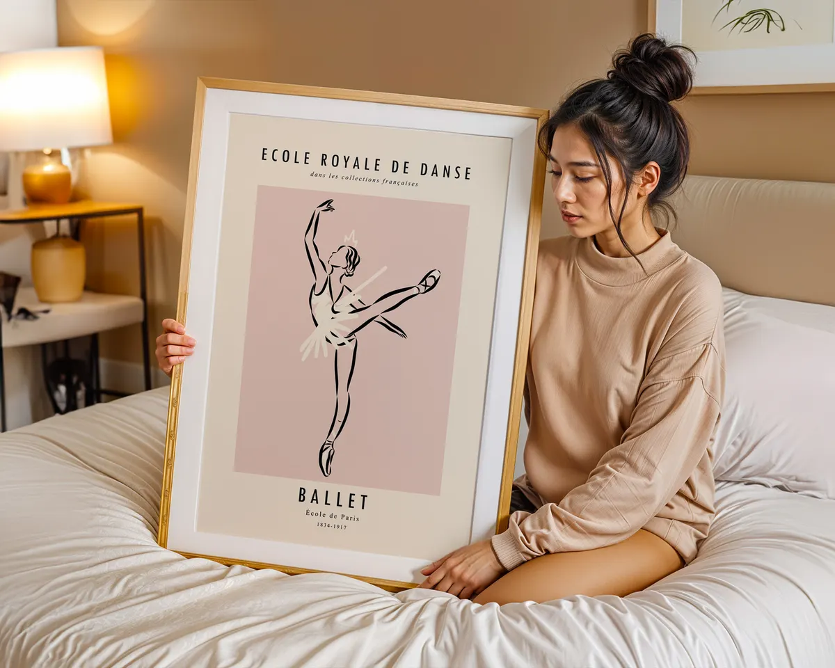 Minimalist line art poster of a ballerina in arabesque in soft blush pink and cream tones. — photo 7
