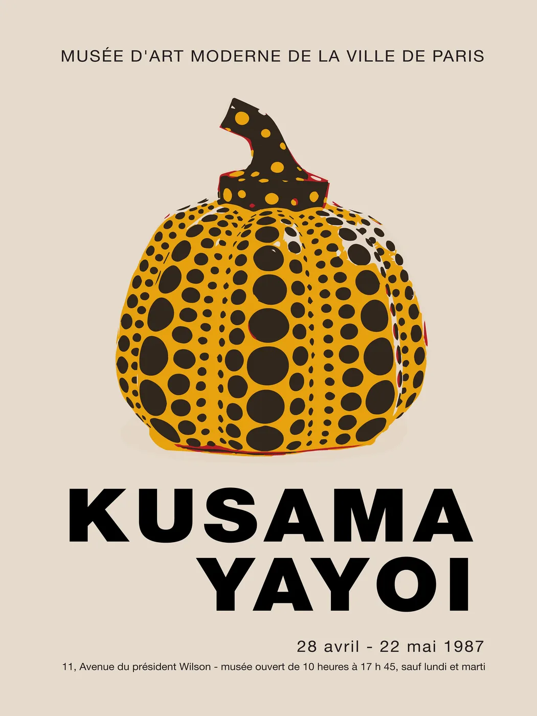 Pop art style poster of a yellow and black polka dot pumpkin in the manner of Yayoi Kusama.