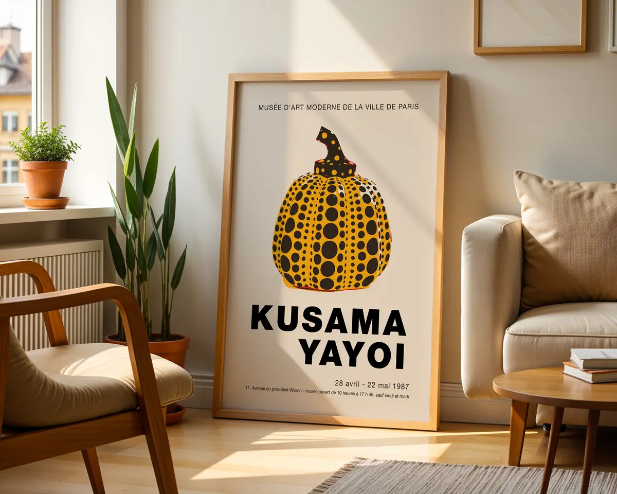 Pop art style poster of a yellow and black polka dot pumpkin in the manner of Yayoi Kusama. — photo 2