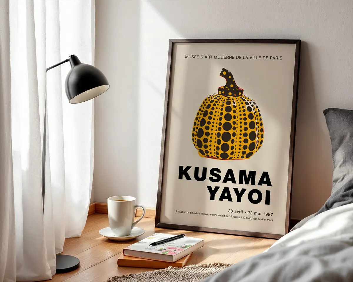 Pop art style poster of a yellow and black polka dot pumpkin in the manner of Yayoi Kusama. — photo 3