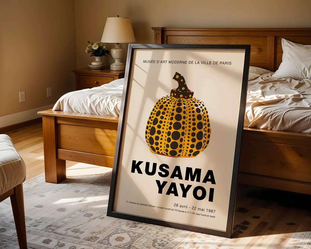 Pop art style poster of a yellow and black polka dot pumpkin in the manner of Yayoi Kusama. — photo 4
