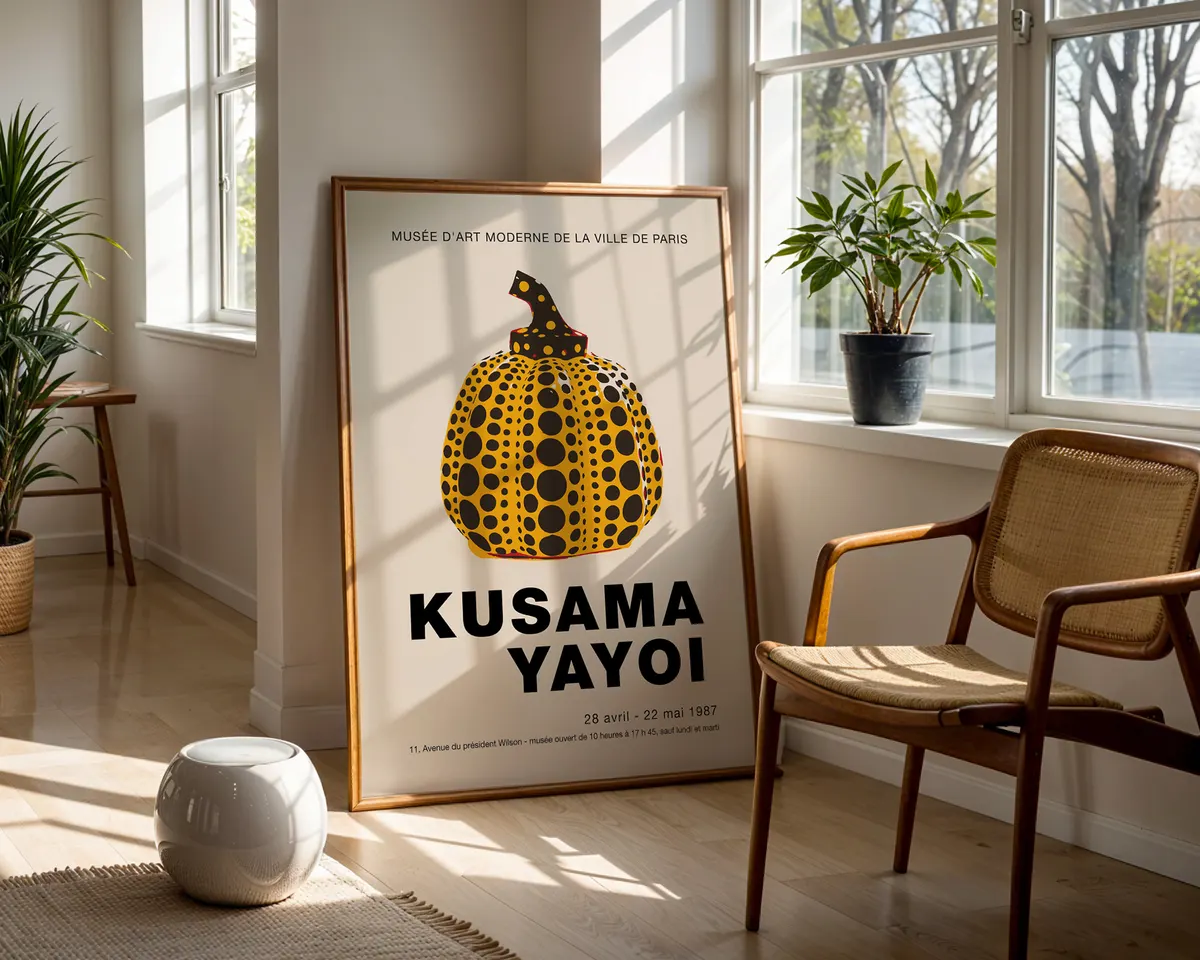 Pop art style poster of a yellow and black polka dot pumpkin in the manner of Yayoi Kusama. — photo 5