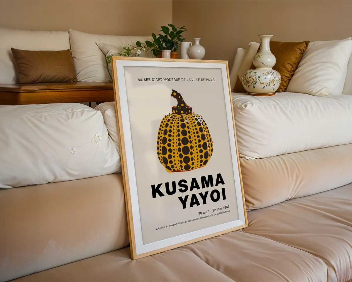 Pop art style poster of a yellow and black polka dot pumpkin in the manner of Yayoi Kusama. — photo 6