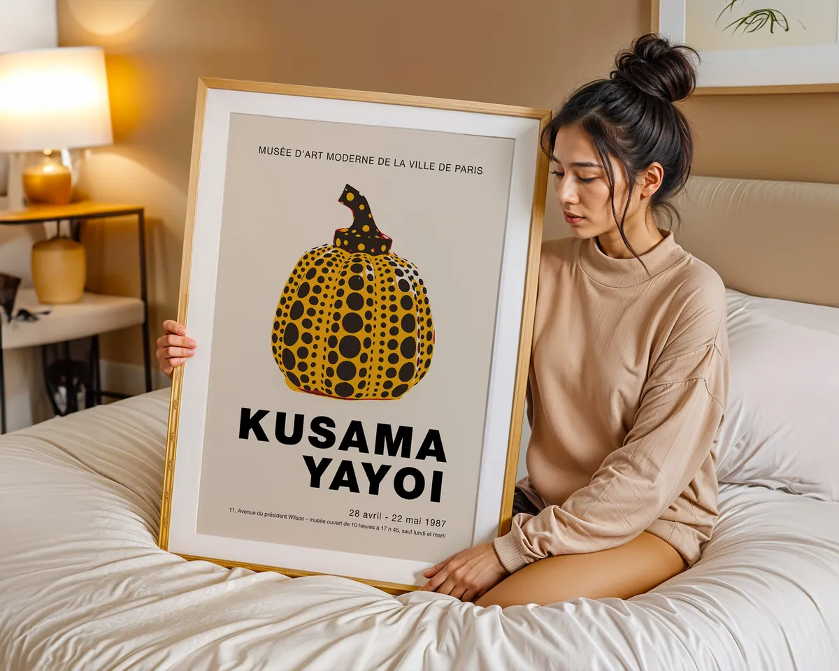 Pop art style poster of a yellow and black polka dot pumpkin in the manner of Yayoi Kusama. — photo 7