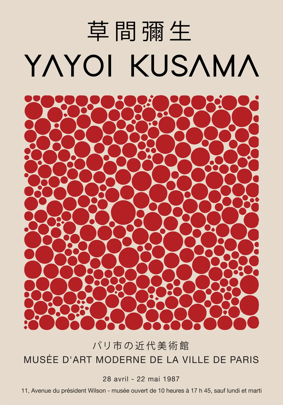 Pop art style poster of dense red polka dots on cream in the manner of Yayoi Kusama.