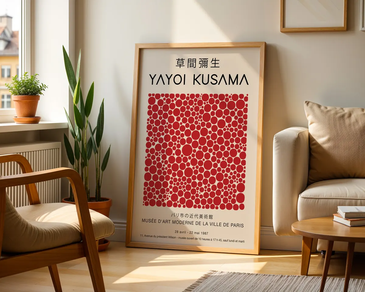 Pop art style poster of dense red polka dots on cream in the manner of Yayoi Kusama. — photo 2