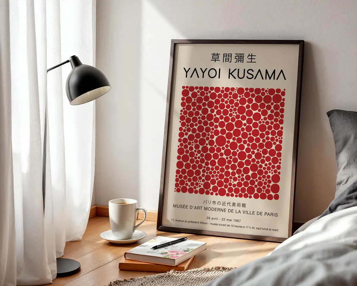 Pop art style poster of dense red polka dots on cream in the manner of Yayoi Kusama. — photo 3