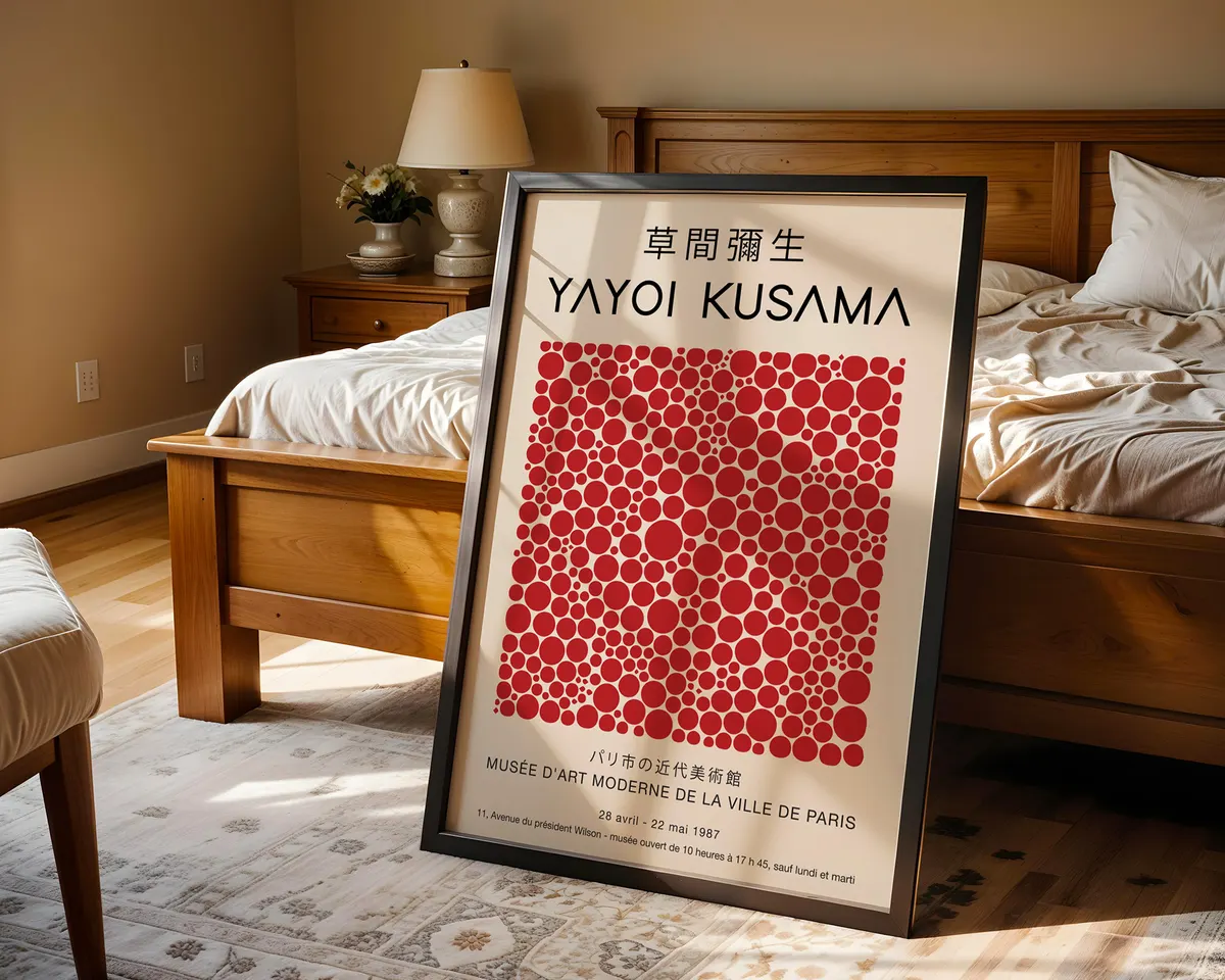 Pop art style poster of dense red polka dots on cream in the manner of Yayoi Kusama. — photo 4