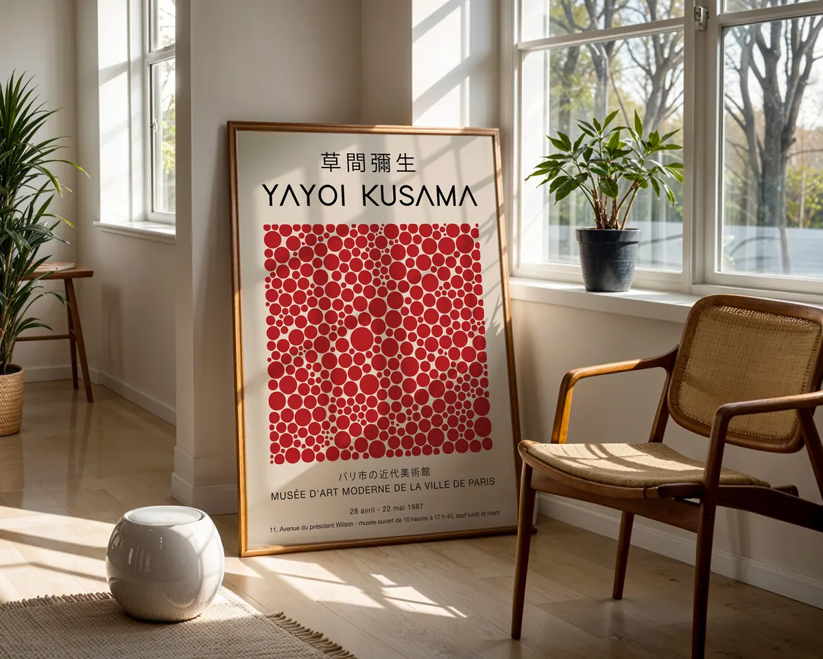 Pop art style poster of dense red polka dots on cream in the manner of Yayoi Kusama. — photo 5