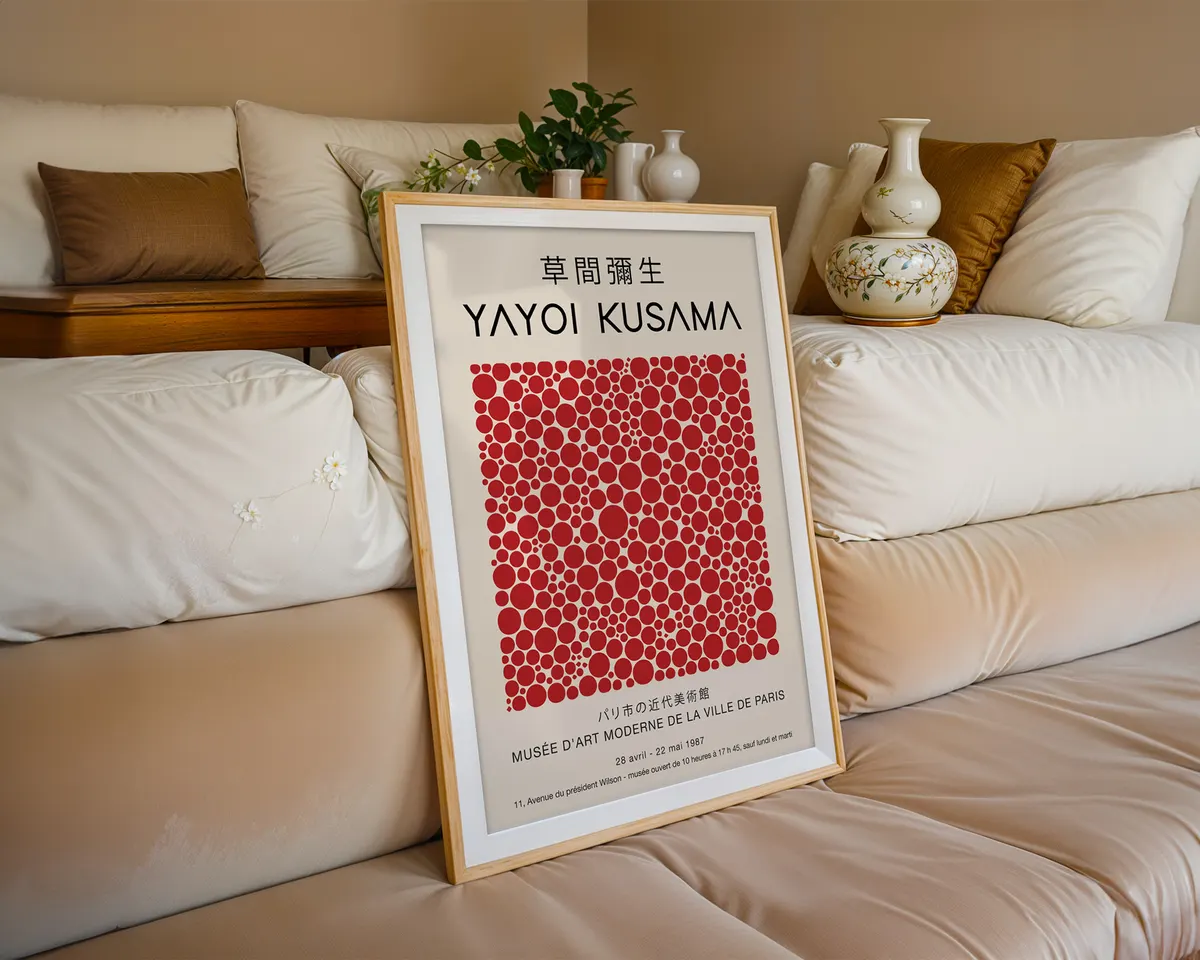 Pop art style poster of dense red polka dots on cream in the manner of Yayoi Kusama. — photo 6