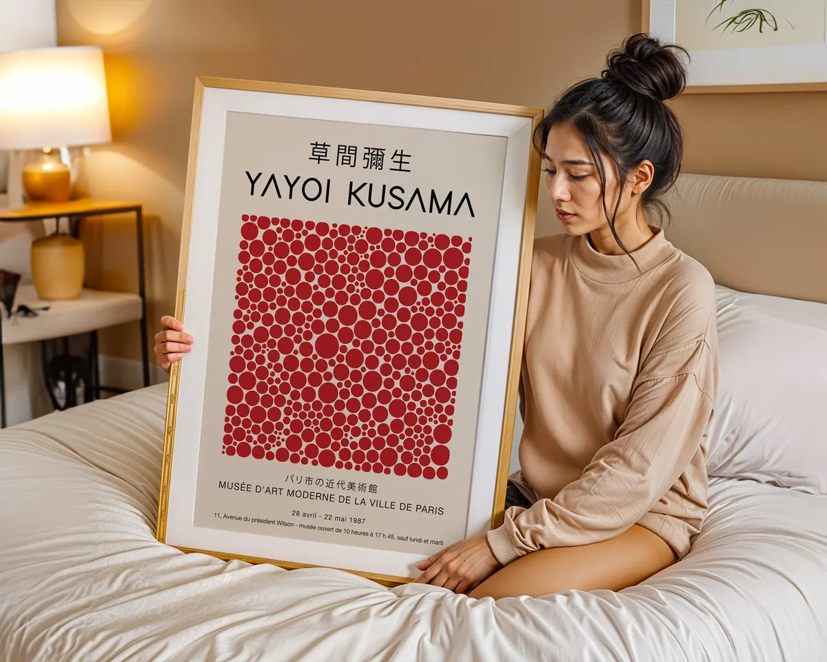 Pop art style poster of dense red polka dots on cream in the manner of Yayoi Kusama. — photo 7