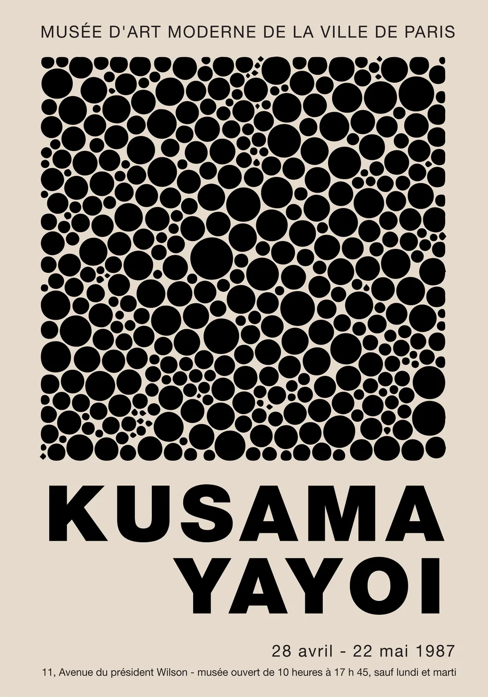 Pop art style poster of dense black polka dots on cream in the manner of Yayoi Kusama.