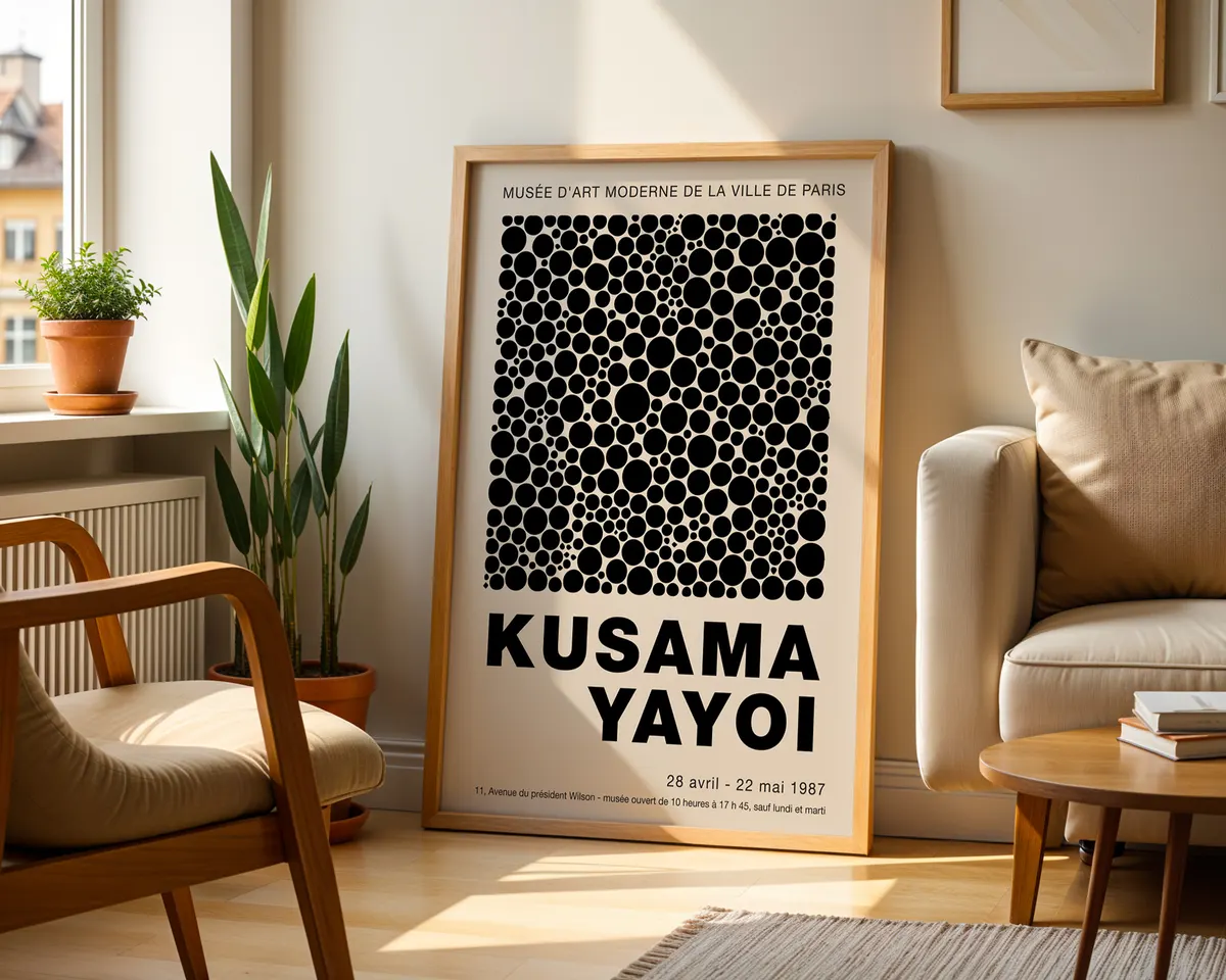Pop art style poster of dense black polka dots on cream in the manner of Yayoi Kusama. — photo 2