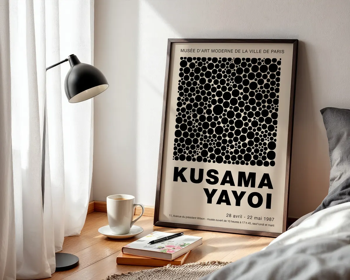 Pop art style poster of dense black polka dots on cream in the manner of Yayoi Kusama. — photo 3