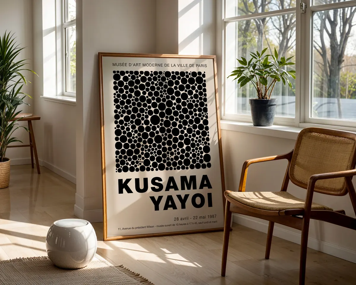 Pop art style poster of dense black polka dots on cream in the manner of Yayoi Kusama. — photo 5