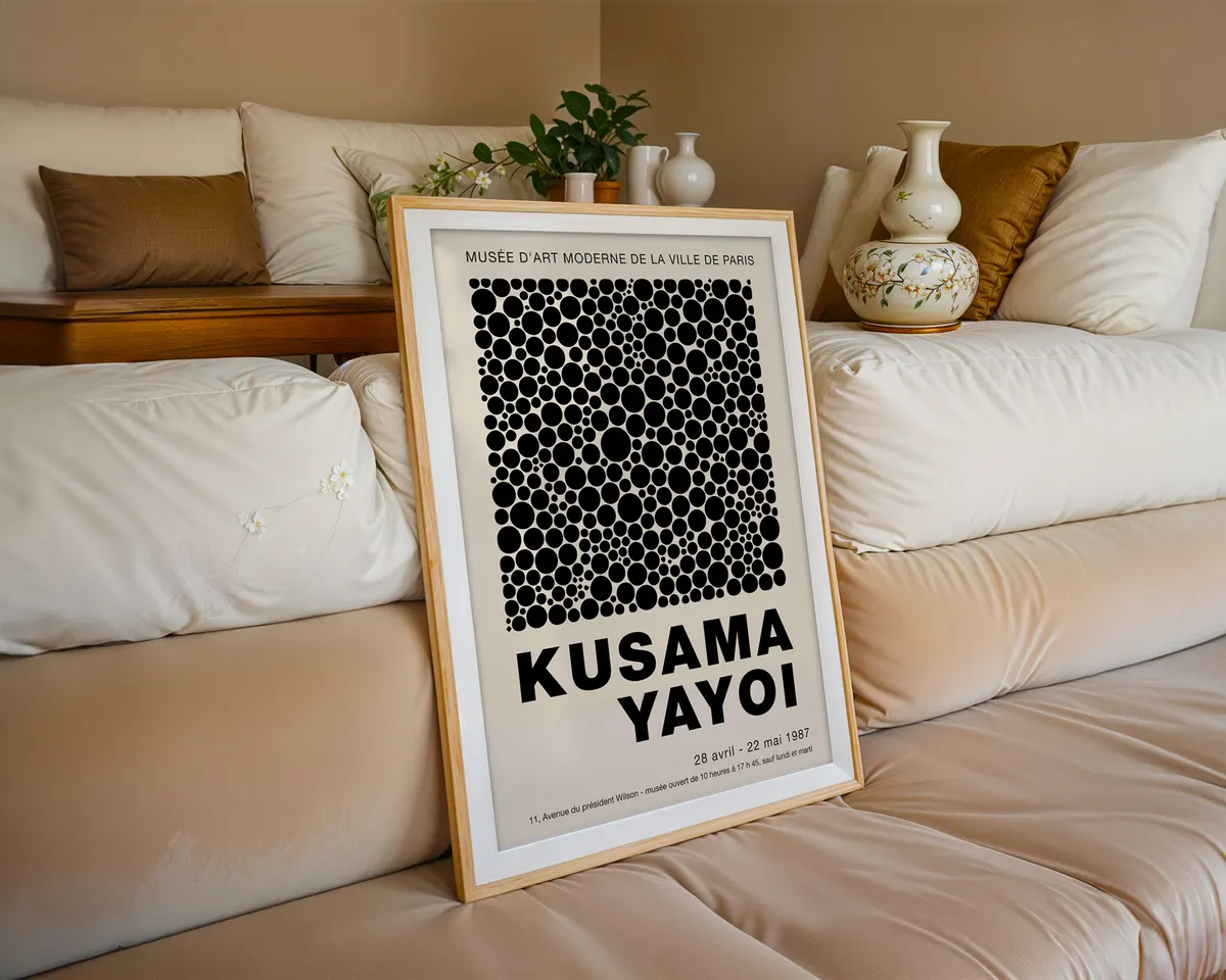 Pop art style poster of dense black polka dots on cream in the manner of Yayoi Kusama. — photo 6