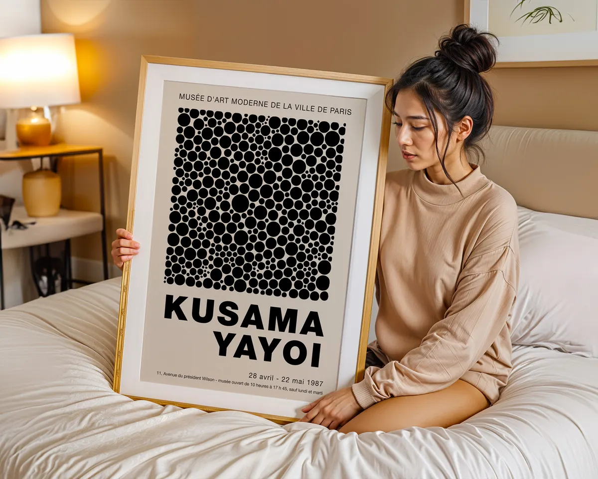 Pop art style poster of dense black polka dots on cream in the manner of Yayoi Kusama. — photo 7
